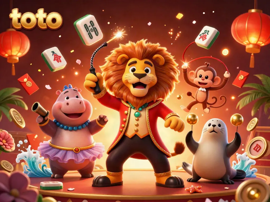 Toto-themed casino scene featuring lively circus characters amidst vibrant gaming elements