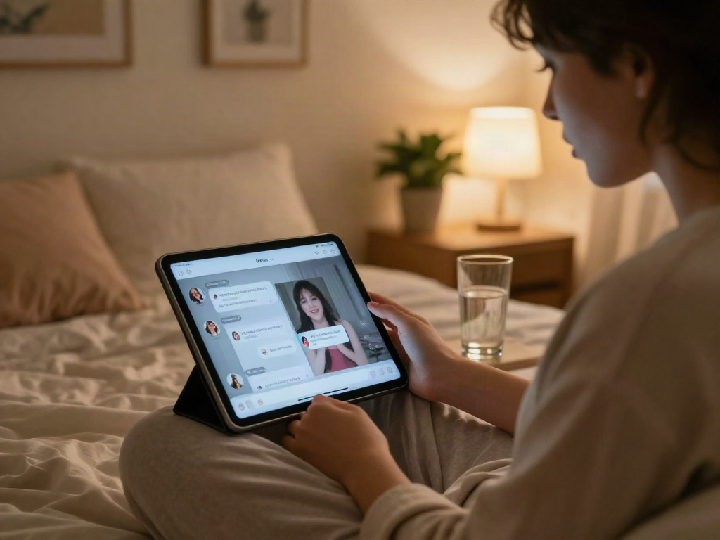 A person engaging in a sex AI chat on a tablet in a cozy bedroom, showcasing intimate digital interaction.