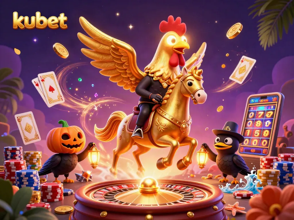 Experience the thrill of kubet with golden rooster and dynamic casino elements in a vibrant, detailed scene.