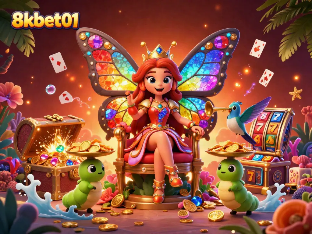 Engage in vibrant casino gaming with the colorful 8kbet01 butterfly queen amid glittering treasures
