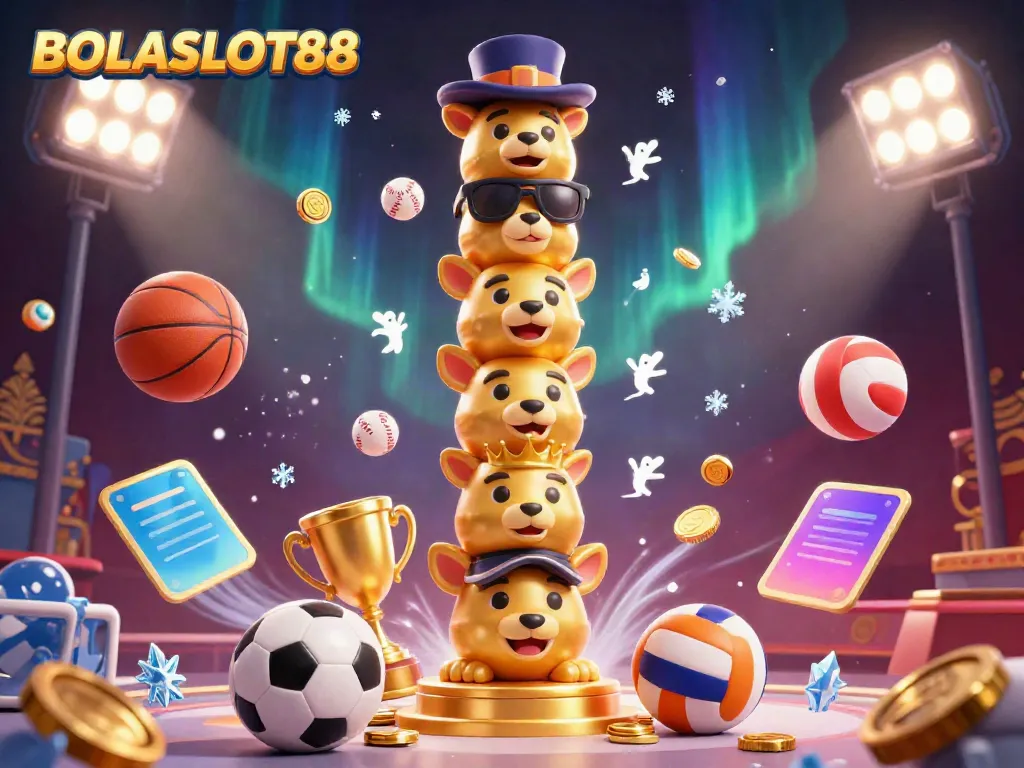 BOLASLOT88 immersive 3D casino illustration showcasing a vibrant golden totem pole and dynamic game elements.
