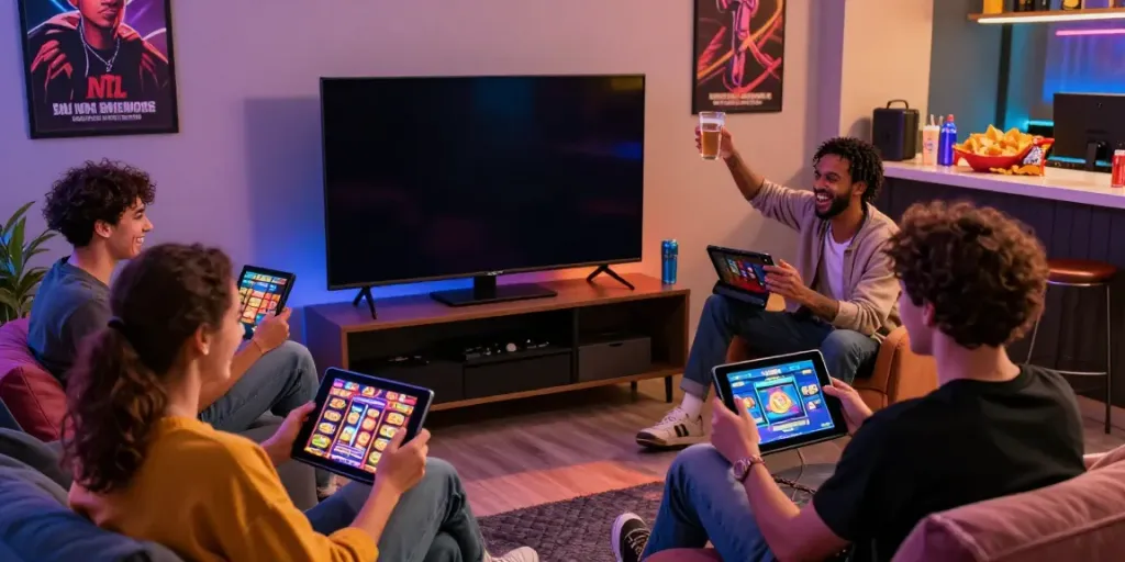 A joyful group enjoying online gaming with akunjp slot game on screen and vibrant lounge setting.