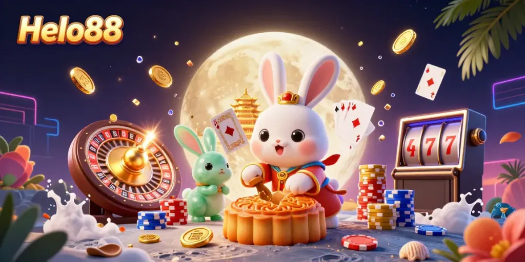 Experience thrilling gameplay with Helo88 as a moon rabbit reveals poker chips and coins in a vibrant casino scene.