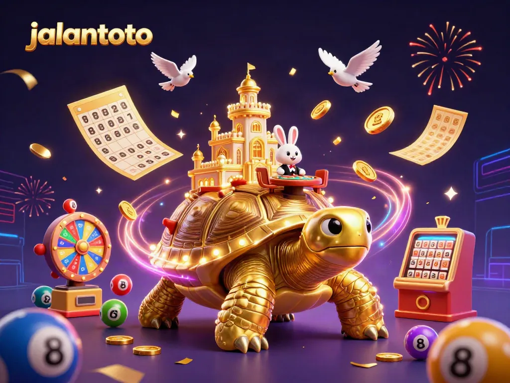 Gambarkan pengalaman bermain di jalantoto dengan kura-kura emas berkilau dan dealer kelinci dalam suasana ceria.