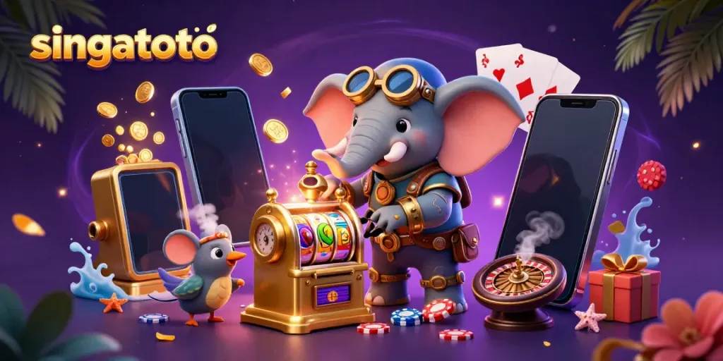 Engage in thrilling gameplay with singatoto's steampunk-themed casino illustration featuring a golden slot machine.