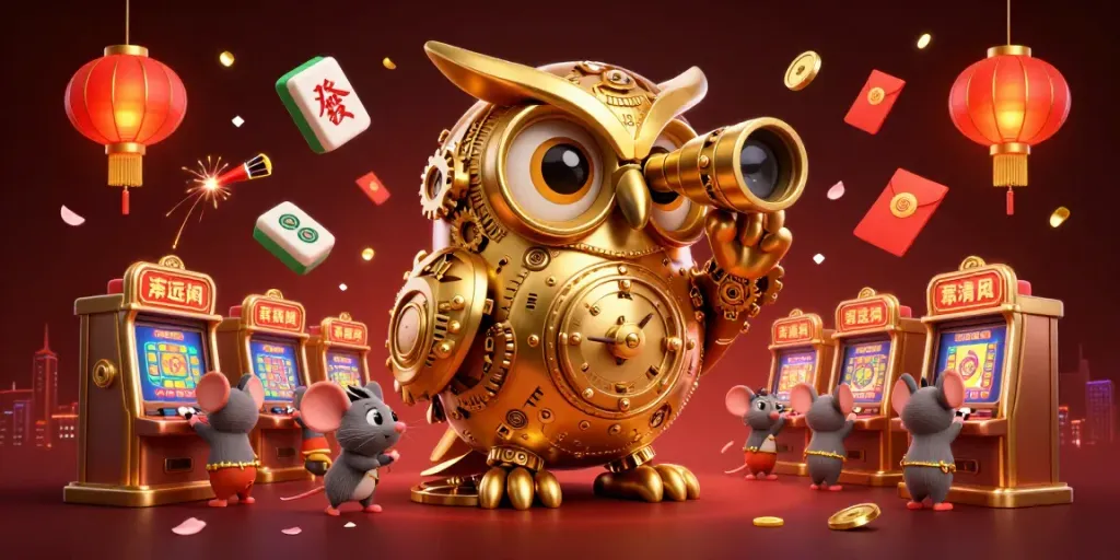 Engage with the exciting world of parsbet in a vibrant 3D casino scene featuring a golden owl and enchanting game elements.