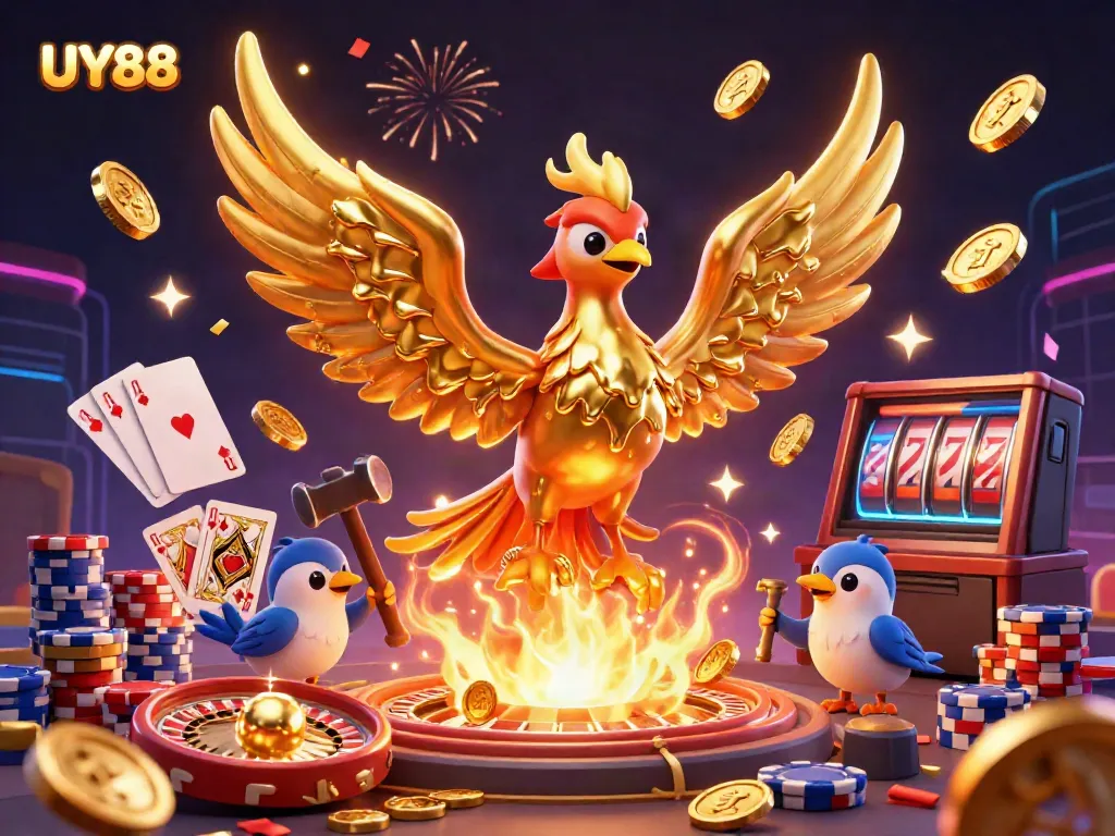 Bet on winning strategies at UY88 with golden phoenix and casino elements in vibrant 3D illustration.