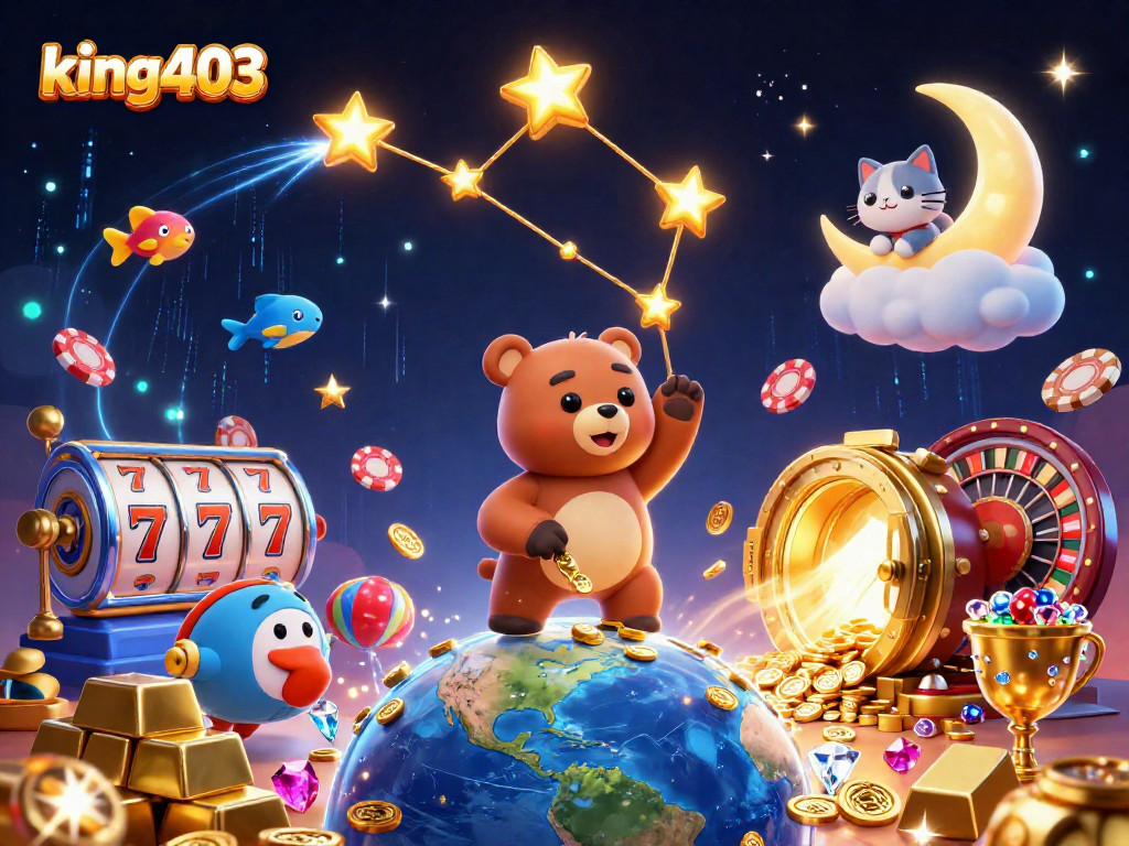 Experience the thrill with king403 as a constellation bear scoops coins while gaming elements surround it.