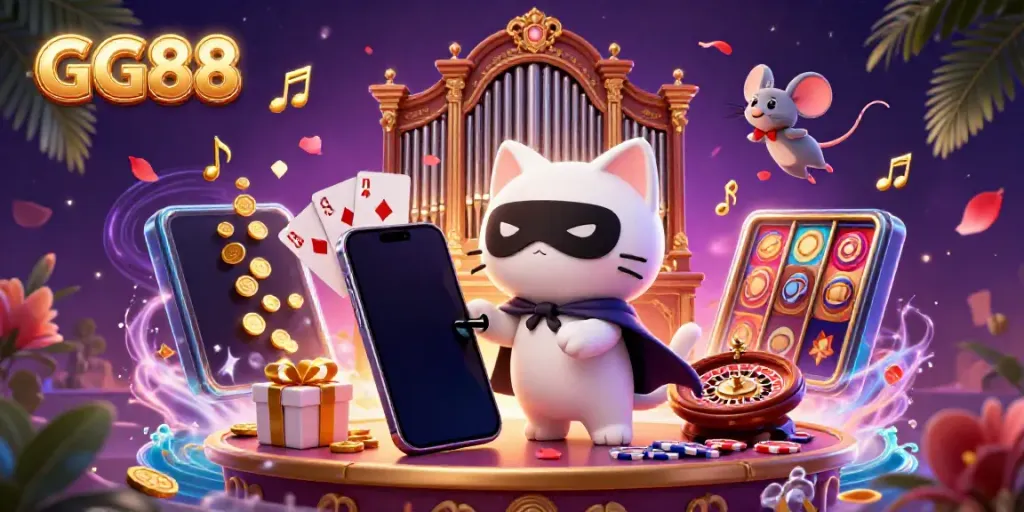 Experience the excitement of GG88 with a dynamic casino scene featuring stunning 3D characters and vibrant game elements.