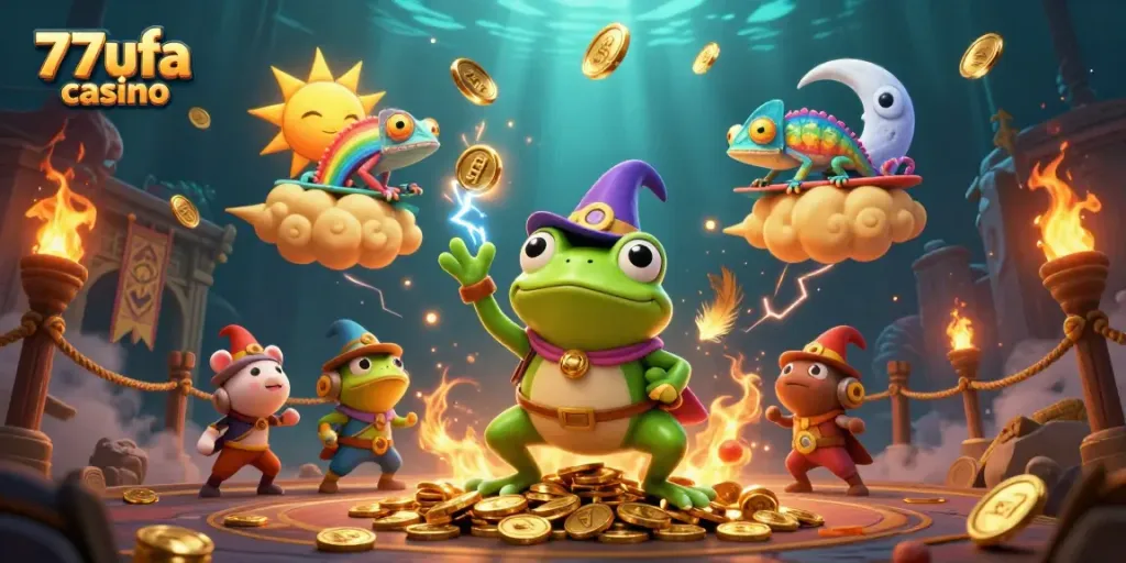 Experience the thrill of 77ufa casino with magical characters amidst golden coins and dynamic casino elements.