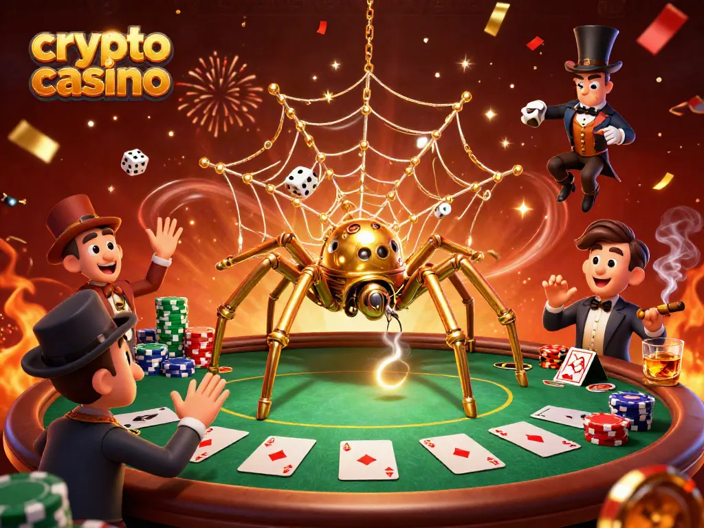 Experience the excitement of a crypto casino with a vibrant 3D scene of steampunk characters and gaming elements.