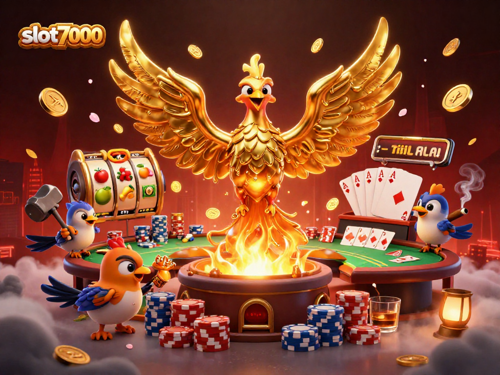 Experience the thrill of slot7000 as a golden phoenix emerges from coins in an immersive casino scene.