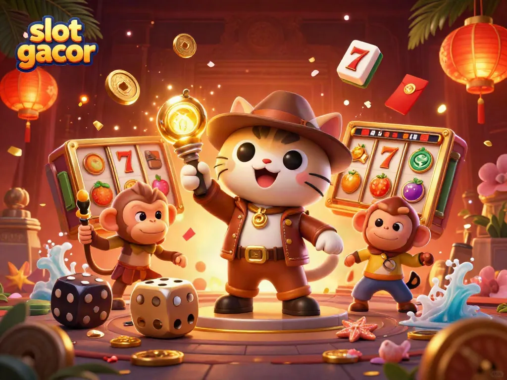 Engage with slot gacor adventures featuring an explorer cat in a casino scene.