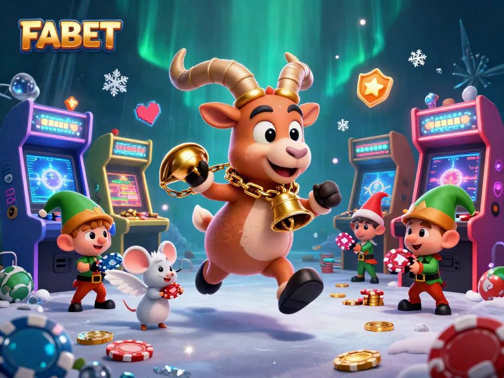 Engage in thrilling gameplay with FABET at a festive holiday-horror casino scene full of energetic characters.