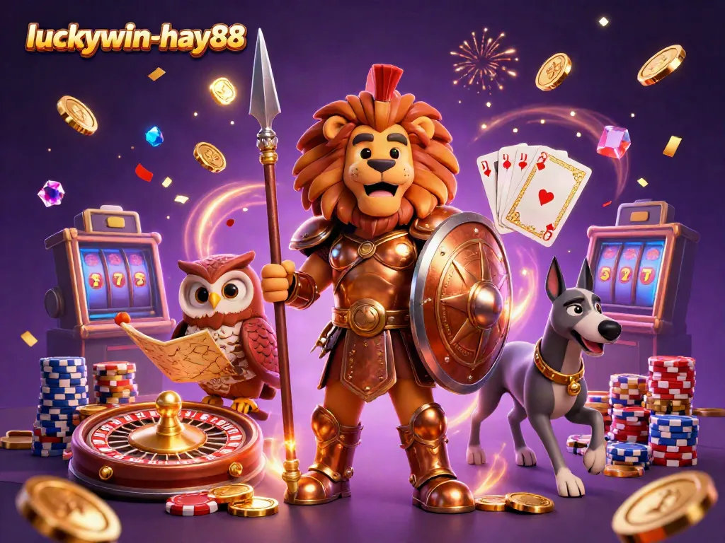 Experience thrilling gaming adventures with luckywin-hay88 as characters celebrate wins amidst vibrant casino elements.