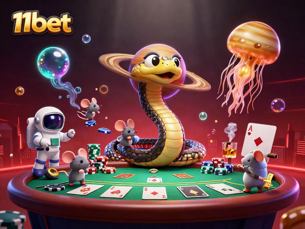 Experience the thrill of 11bet through vibrant casino elements and cosmic characters in this dynamic illustration.