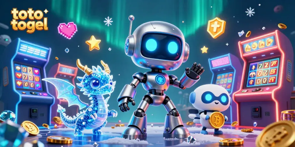 Memainkan toto togel dengan robot futuristik dan komponen kasino yang cerah dan dinamis.