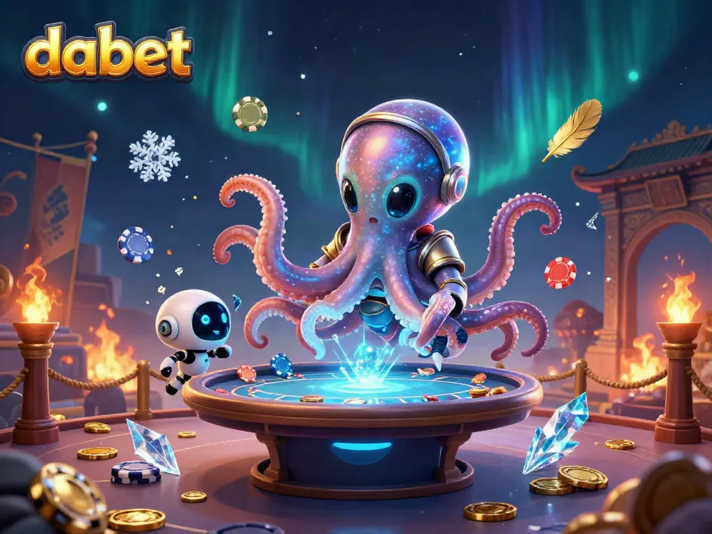 Engage with the dynamic 3D alien octopus at a holographic poker table while exploring dabet's gaming universe.