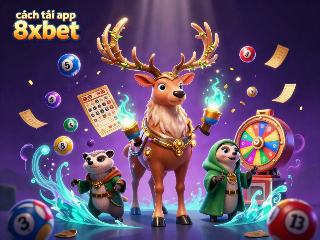 Experience cách tải app 8xbet with vibrant illustrations showing lottery balls, casino elements, and playful characters.