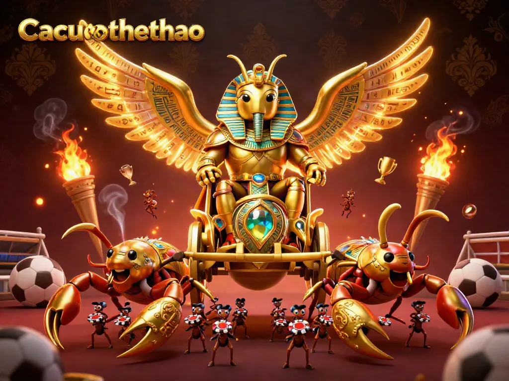 Cacuocthethao showcases a dynamic scene of golden scarab beetle in pharaoh armor amidst vibrant sports symbols.