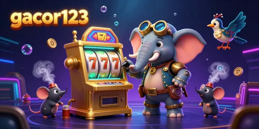 Experience the excitement of gacor123 with a vibrant 3D scene showcasing animated gaming elements and characters.