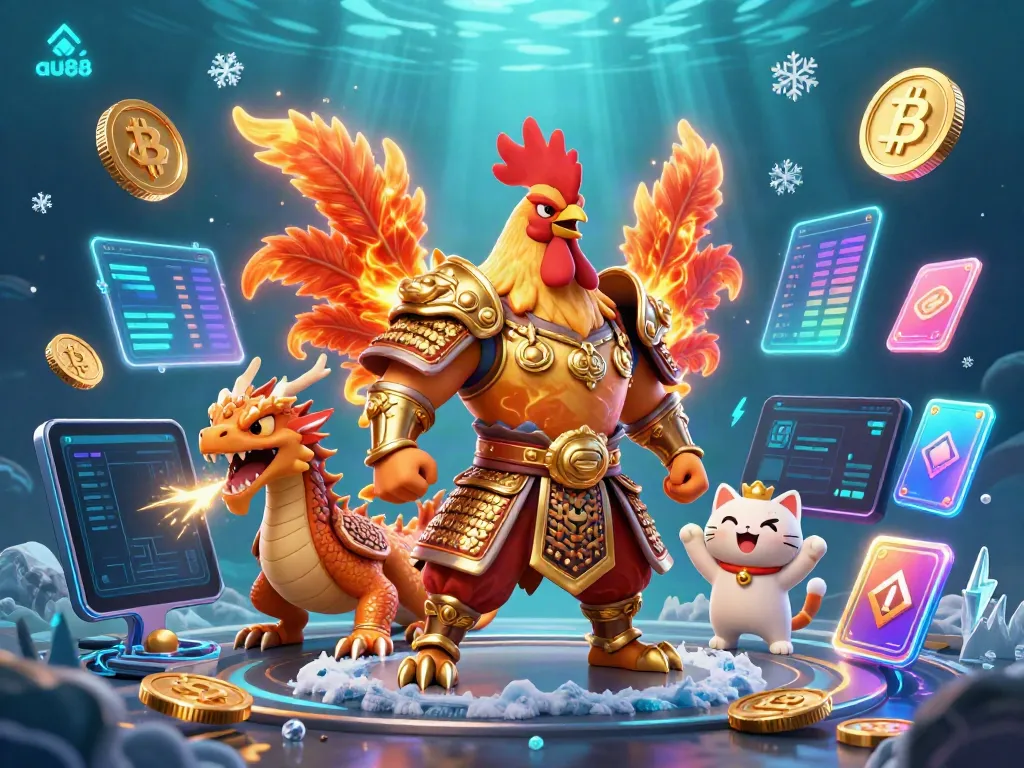 Engage with powerful 3D characters in an exciting au88 gaming experience surrounded by neon coins and blockchain elements.