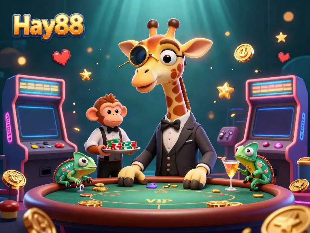 Experience Hay88 in a colorful casino world where a giraffe plays poker alongside a monkey and chameleon.