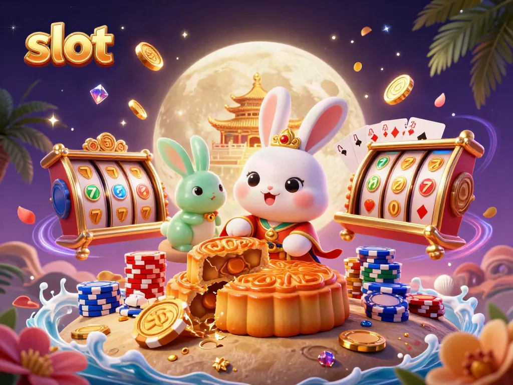 Engaging scene of a slot-themed 3D illustration featuring a moon rabbit surrounded by jackpots and casino elements.