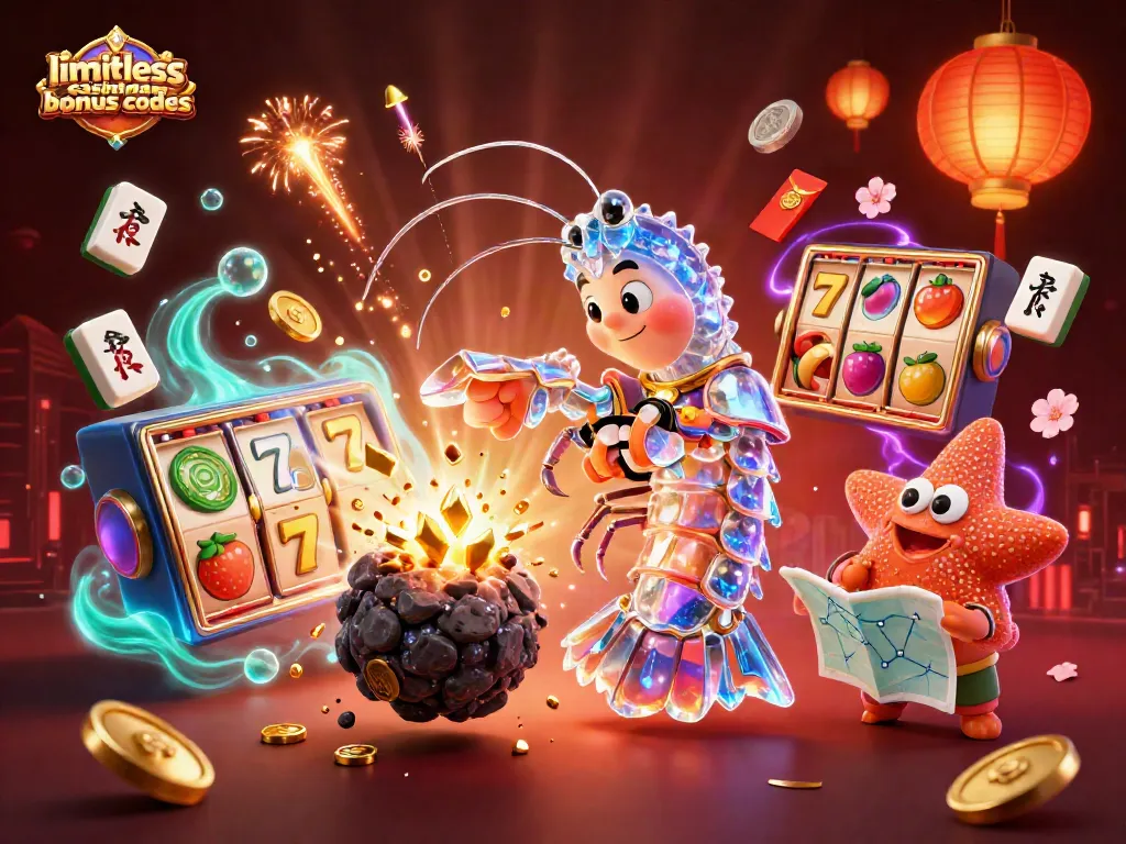 Engage with limitless casino bonus codes in a vibrant 3D casino-themed digital illustration featuring aquatic characters and slot elements.