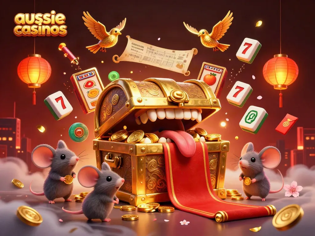 Adventurous mice drawn to aussie casinos treasure chest, surrounded by vibrant gaming elements