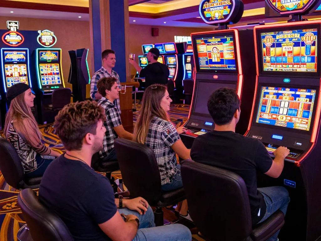 Hotslots Casino mit Spielern an Spielautomaten und lebhaften Lichtern.