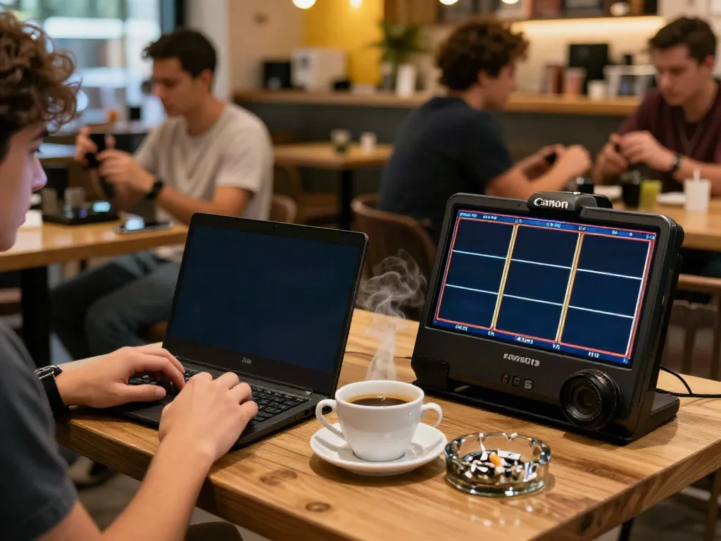 Enjoying luxury12 slot games at a cozy café with coffee and casual ambiance.