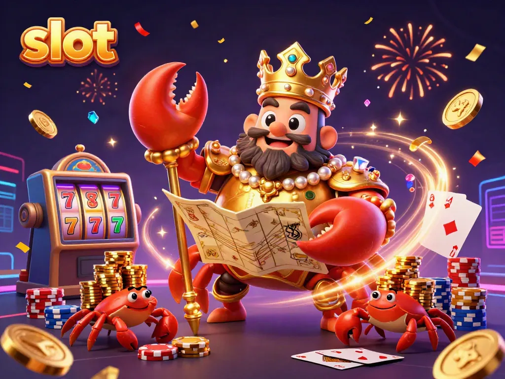 Experience exciting slot action with the golden crab emperor in a vibrant casino scene.