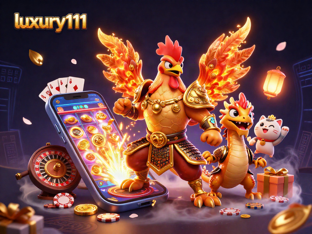 Engage with luxury111 slot games featuring a rooster warrior, dragon hatchling, and festive casino elements.