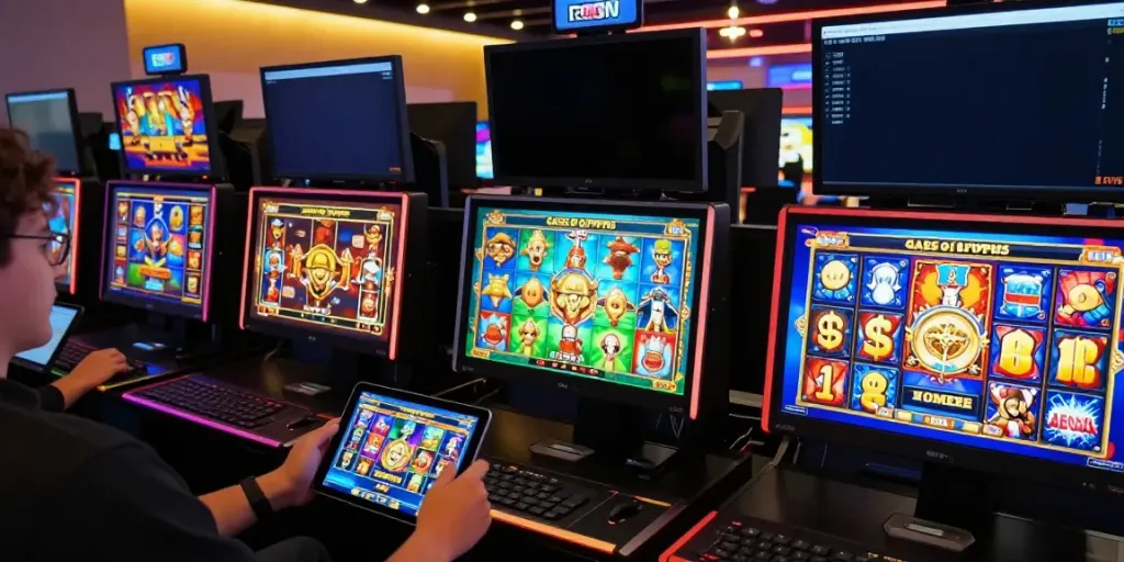 Exciting gaming scene highlighting bro138 slot games on tablets and screens in a vibrant digital environment.