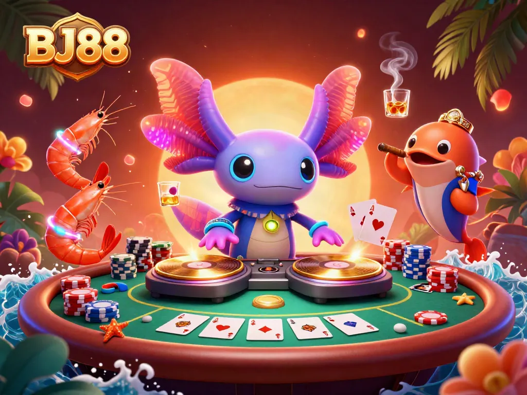 Engage in exciting casino action with BJ88's vibrant 3D digital illustration featuring a neon axolotl DJ.